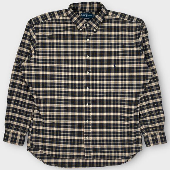 VINTAGE Ralph Lauren Shirt Mens 2XLT Tall Beige Black Check Woven Button Down - Picture 2 of 16